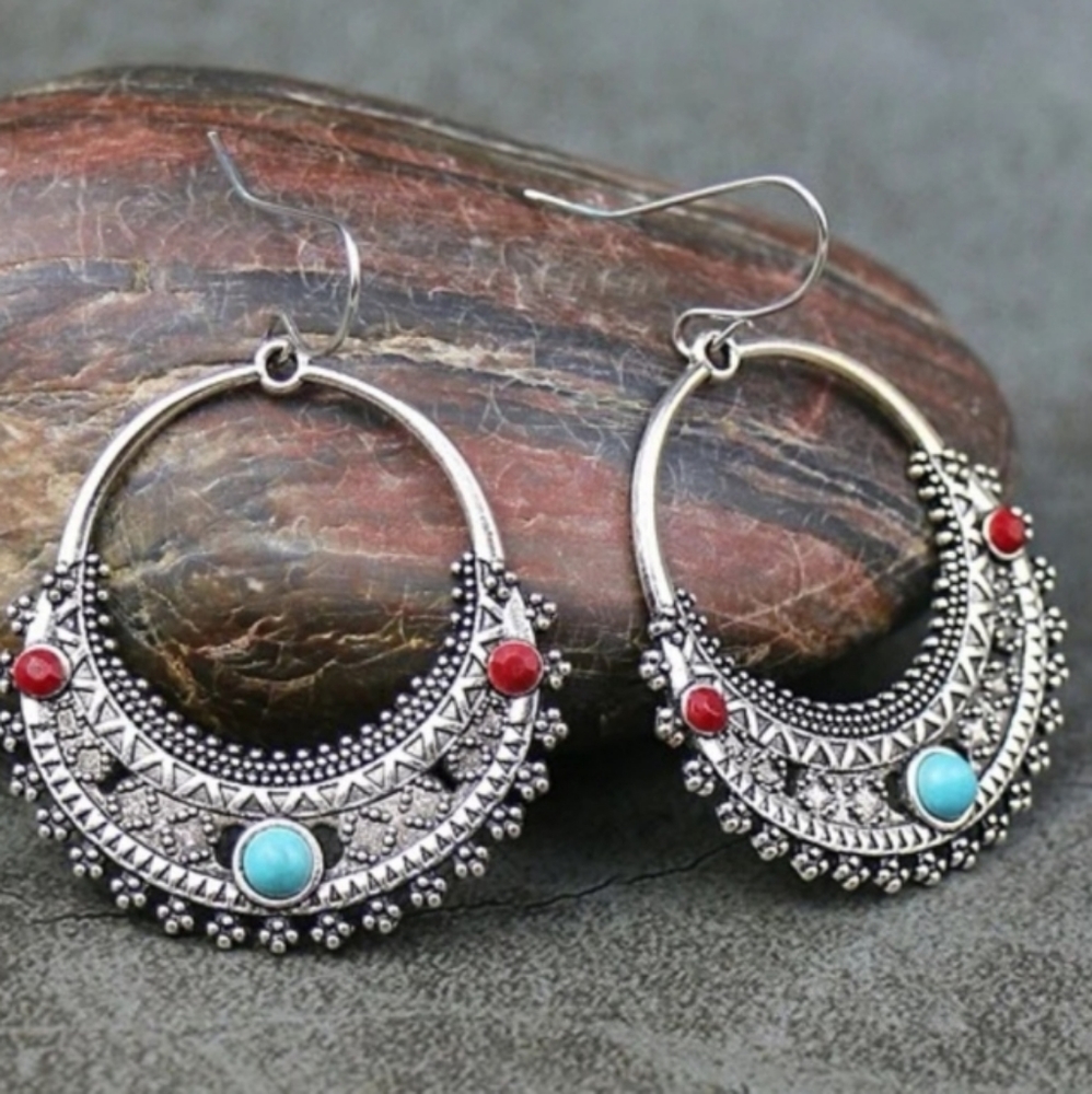 Marrakesh Bohemian Antiqued Silver Turquoise, Jasper Round Hoop Earrings